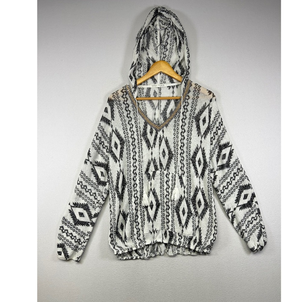 Boho Tribal Lola Grace Womens 1X White Black Geometric Tassel‎ Knit Hoodie